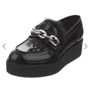 Louis Vuitton Black Patent Leather Chain-Trim Fur Loafers